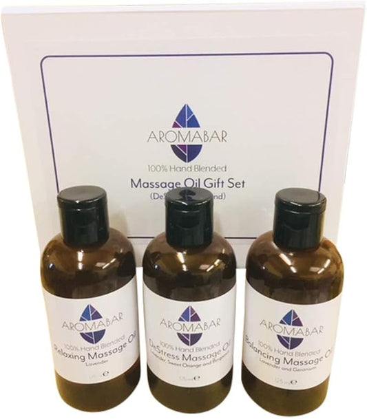 Confezione Regalo di Oli da Massaggio Rilassanti (3 x 125 ml) Lavanda, Antistress e Riequilibrante in Scatola